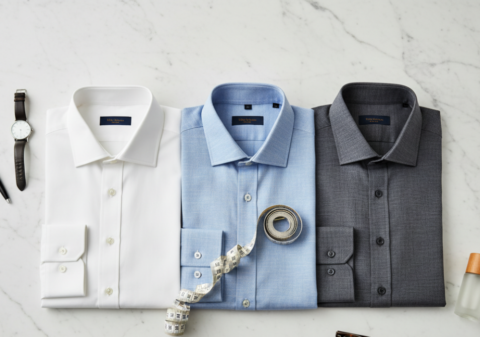mens shirt fit guide flatlay feature white blue grey