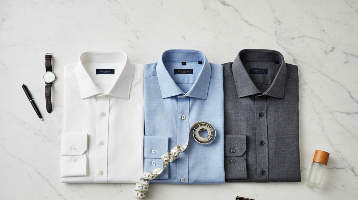 mens shirt fit guide flatlay feature white blue grey