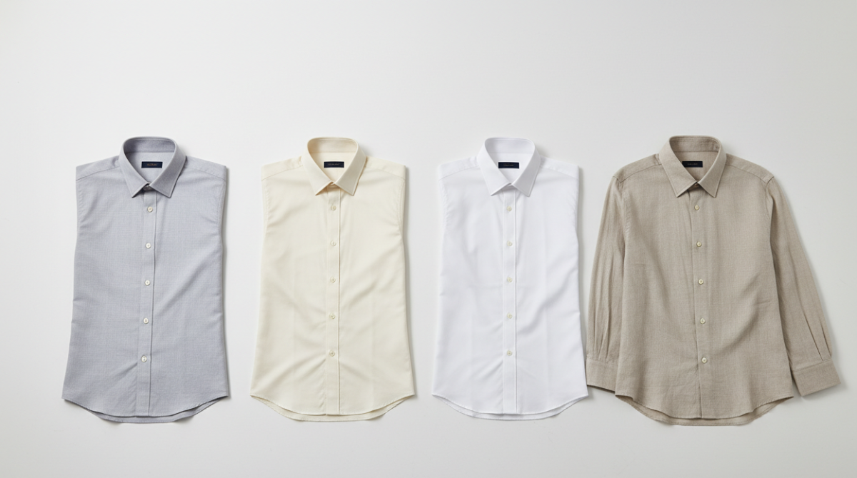 Four men's dress shirts laid flat side by side showing slim fit, tailored fit, regular fit, and relaxed fit silhouettes