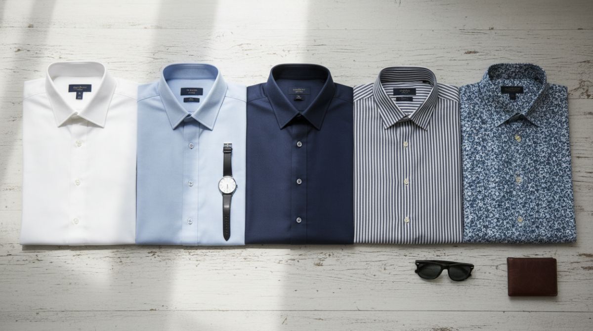  Overhead flat lay of a men's shirt capsule wardrobe including white, blue, and navy plain shirts alongside a striped and a floral printed shirt 