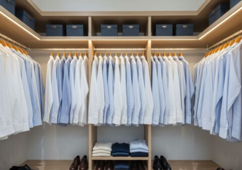 Neatly organized wardrobe closet with men's dress shirts on wide wooden hangers, evenly spaced with breathing room, in soft warm lighting