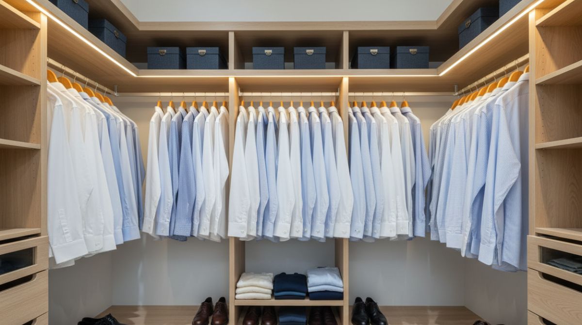 Neatly organized wardrobe closet with men's dress shirts on wide wooden hangers, evenly spaced with breathing room, in soft warm lighting