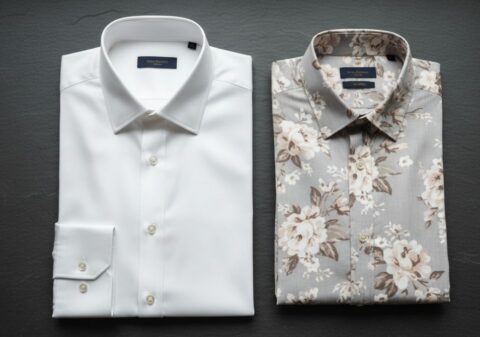 Overhead flat lay of a plain white shirt and a printed floral shirt on a dark slate surface showing fabric texture detail