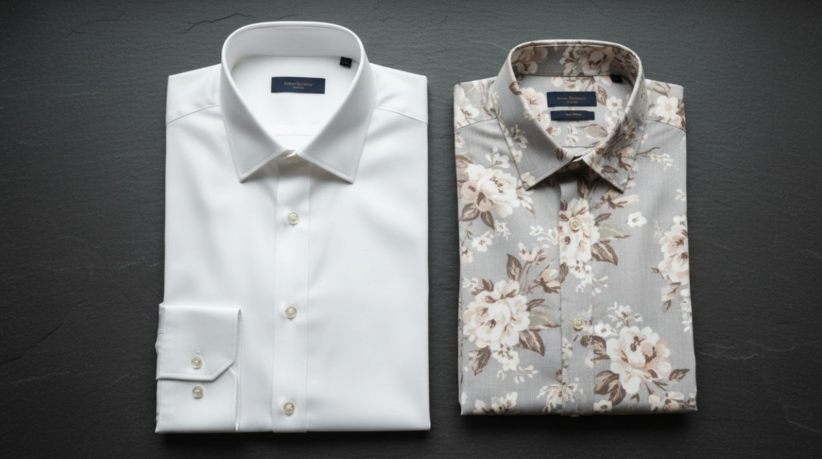 Overhead flat lay of a plain white shirt and a printed floral shirt on a dark slate surface showing fabric texture detail