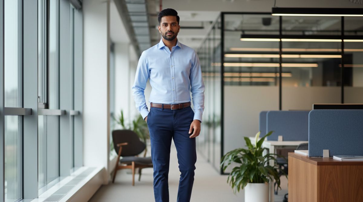 Man wearing a plain light blue Oxford shirt tucked into navy chinos in a smart casual office environment