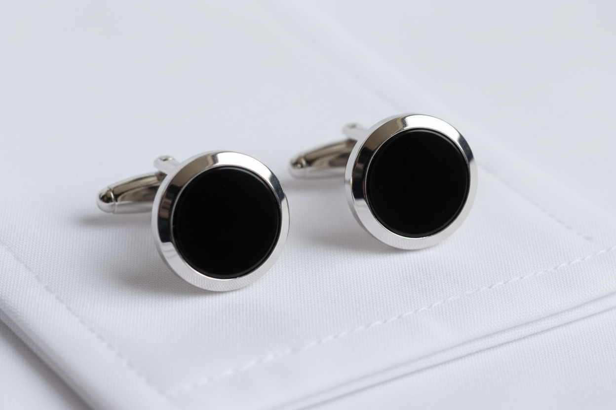 Macro close-up of polished silver cufflinks with onyx inlay resting on a white dress shirt cuff showing clean edges and refined bezel setting