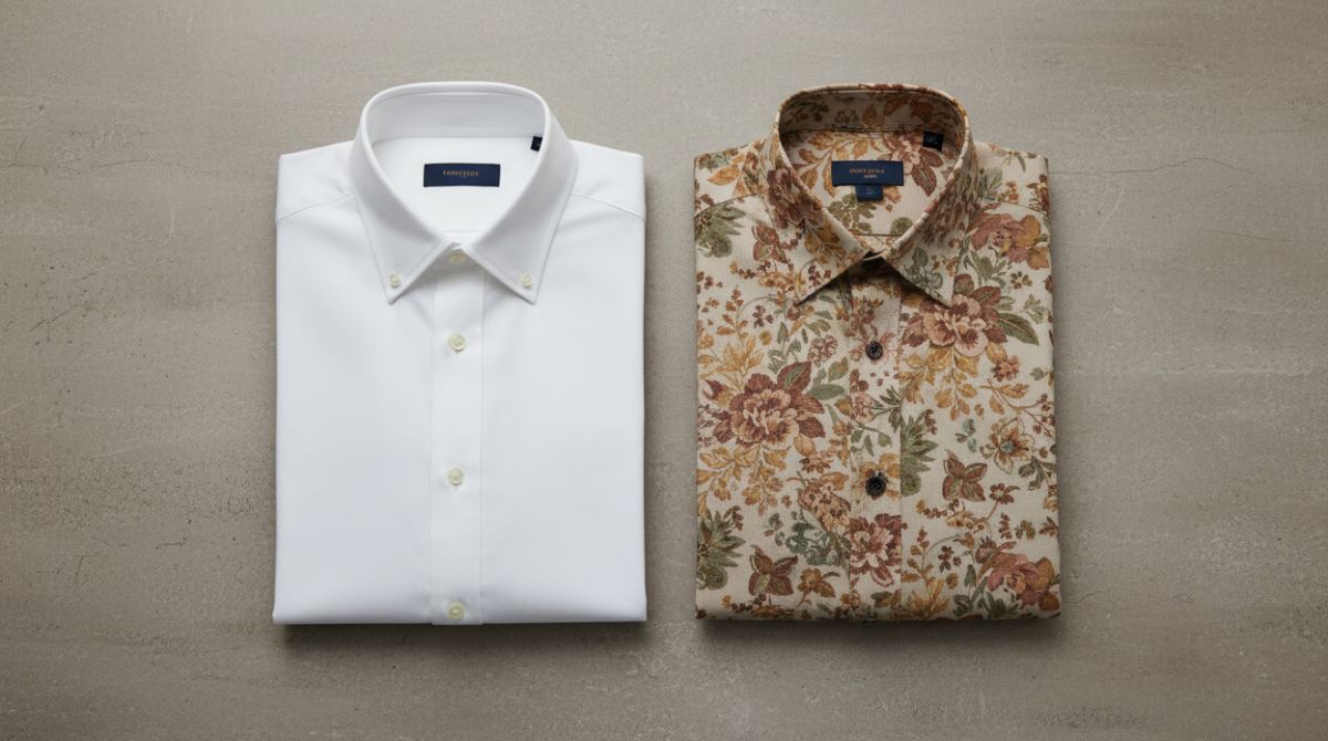 Flat lay of a printed floral shirt and a plain white Oxford shirt placed side by side on a neutral surface