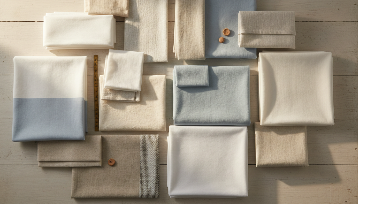Flat lay of cotton fabric swatches in white and neutral tones showing weave texture for custom shirt selection