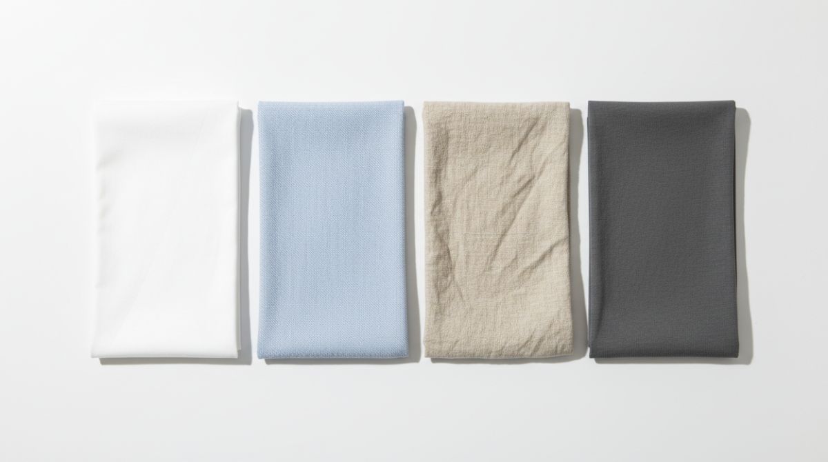  Close-up flat lay of four shirt fabric swatches showing poplin, oxford cloth, linen, and stretch cotton textures side by side on a white surface