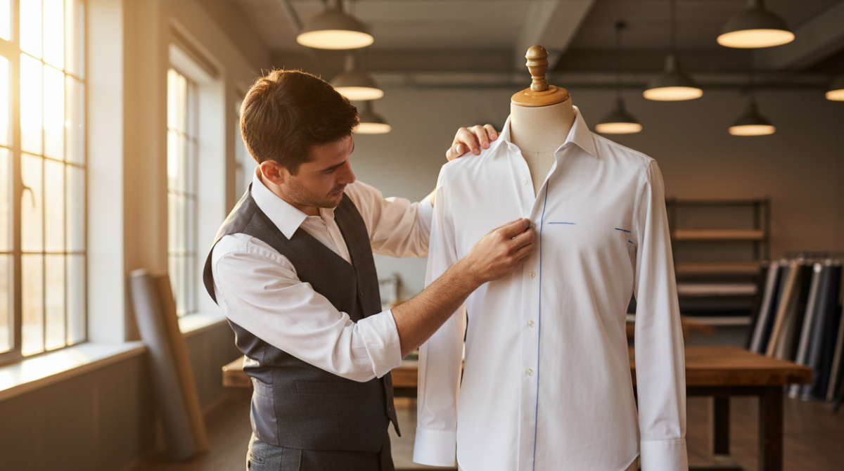 A tailor pinning and marking a white dress shirt on a mannequin in a professional tailoring studio