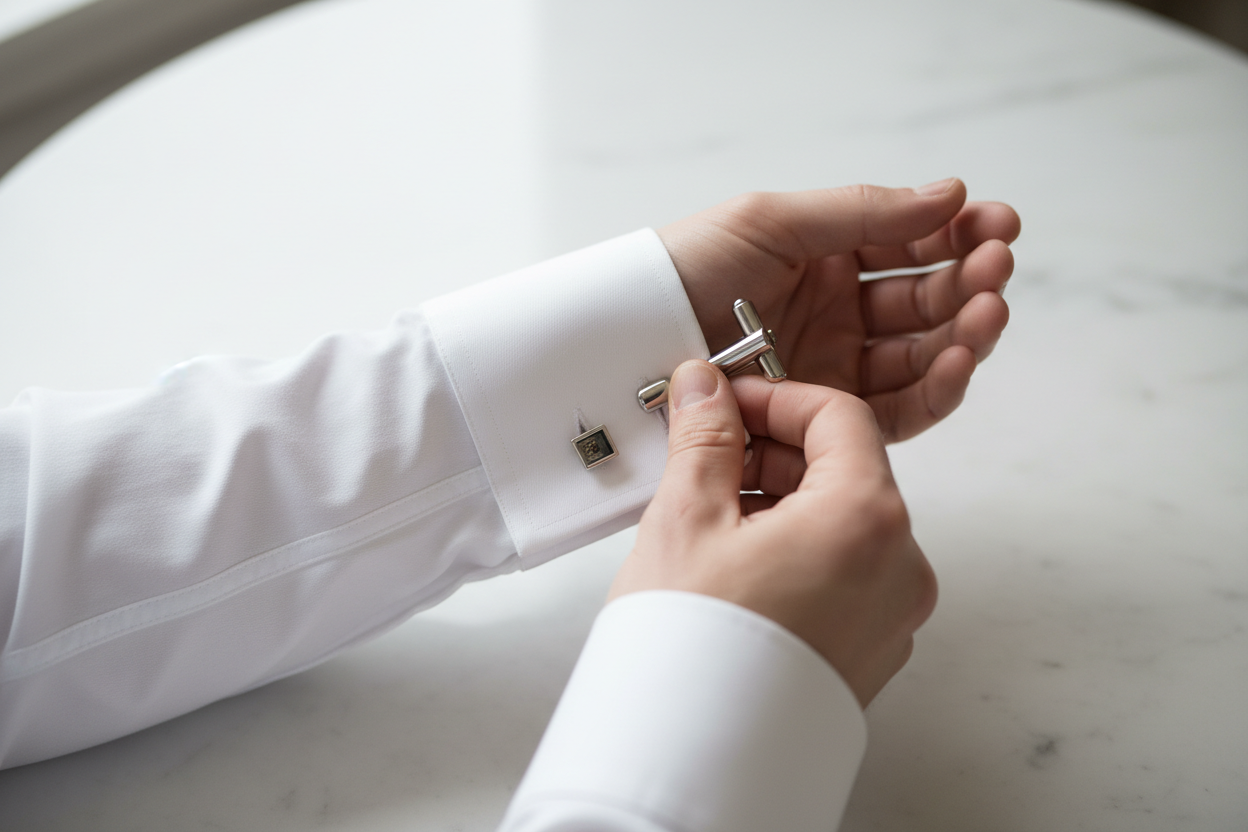  Close-up of silver bullet-back cufflinks being fastened on a white French cuff dress shirt showing double cuff fold and alignment