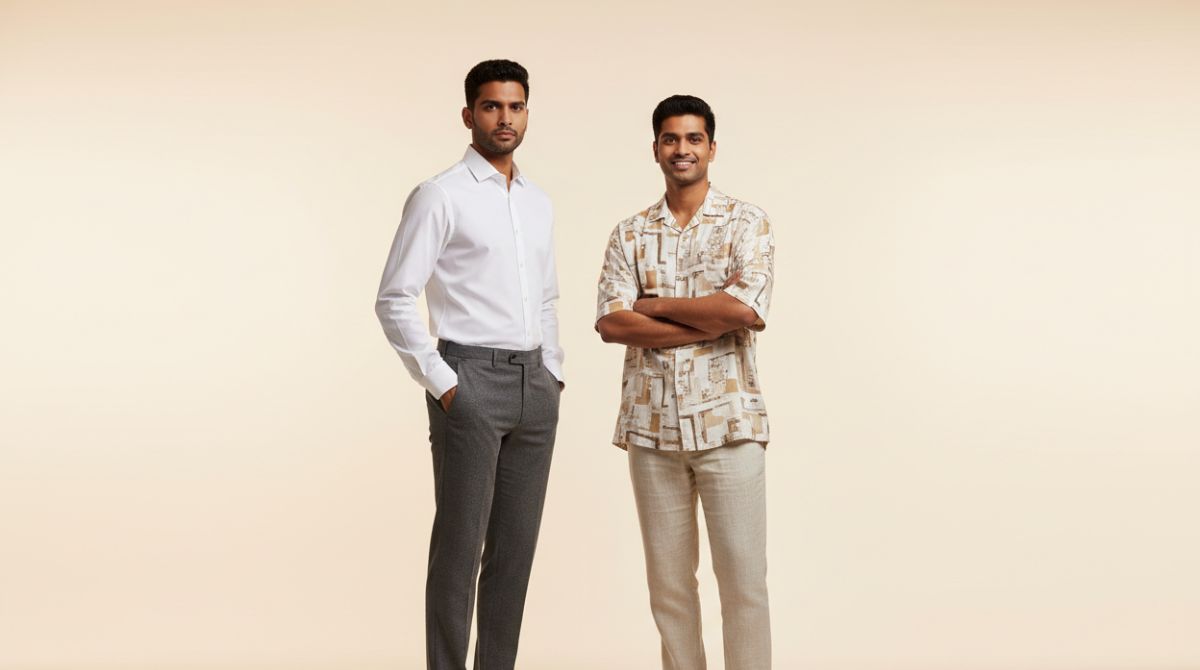 Two men standing side by side, one in a slim-fit plain white shirt and one in a relaxed-fit printed camp collar shirt