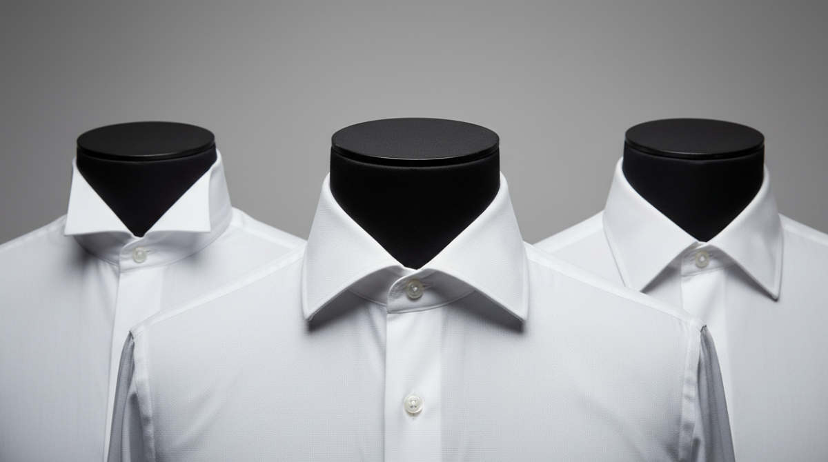Three tuxedo shirt collar styles displayed side by side — wingtip, spread, and point collars on white dress shirts 