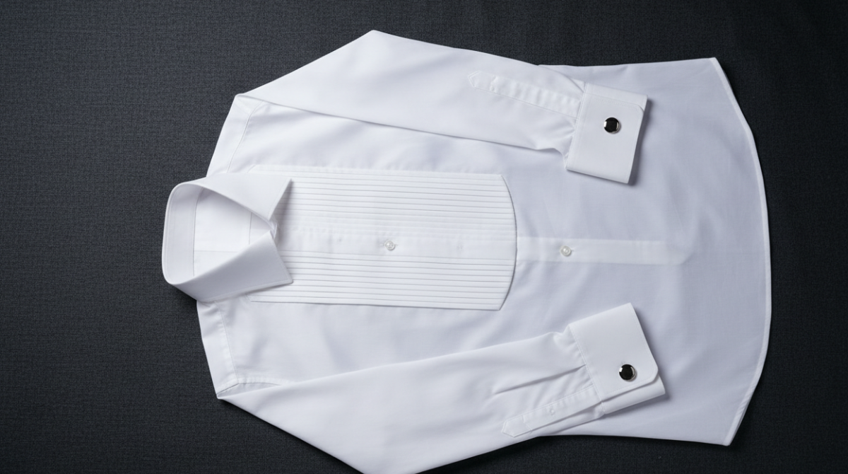 White tuxedo shirt flat lay showing pleated front, wingtip collar, and French cuffs with silver cufflinks