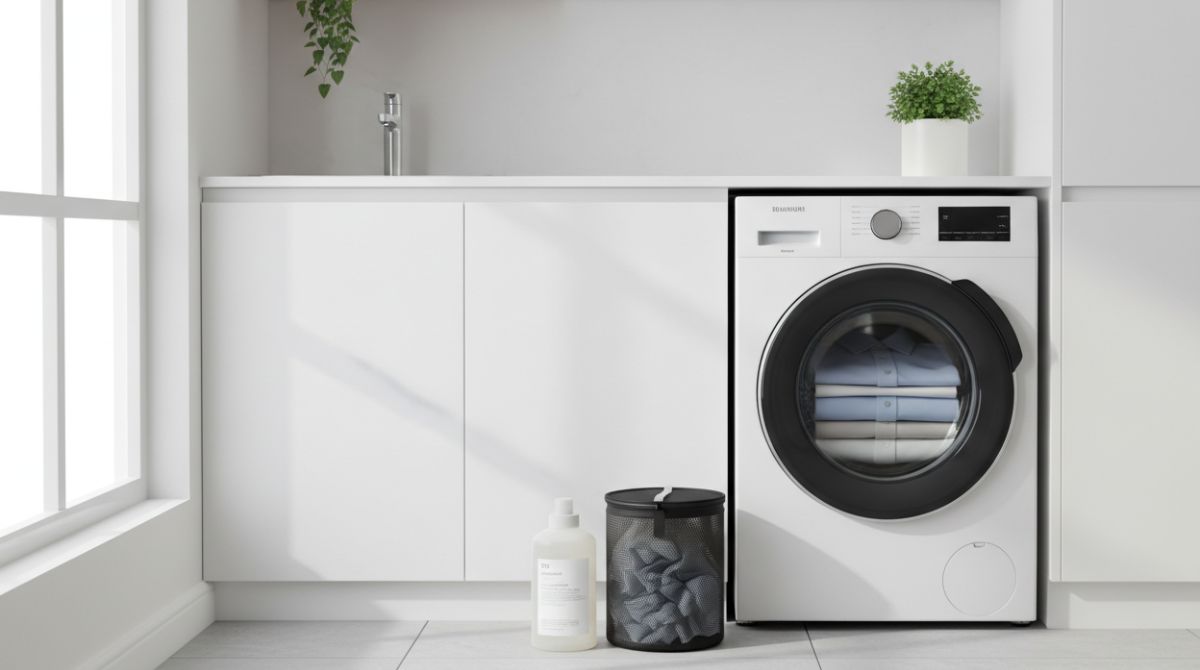  Front-loading washing machine with dress shirts inside, laundry detergent and mesh laundry bag placed beside it on a clean countertop