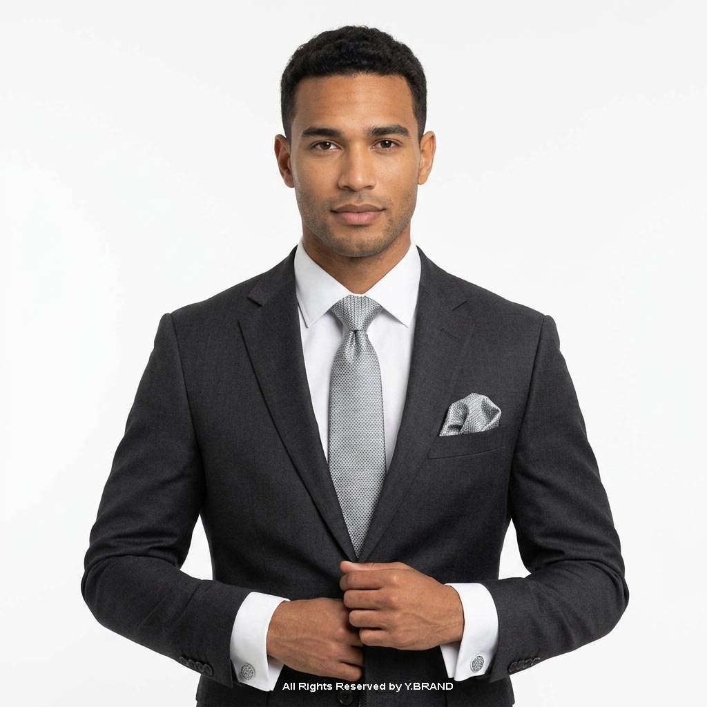 TS-1081d Charcoal Geo Dobby Tie Gift Set – 3pc Premium Silk Necktie, Pocket Square & Cufflinks TS-1081 - Image 1