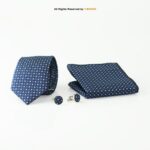 Navy blue geometric patterned Tie Gift Set – 3pc Premium Silk Necktie, Pocket Square & Cufflinks TS-1082 - Image 2