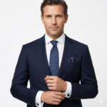 Navy blue geometric patterned Tie Gift Set – 3pc Premium Silk Necktie, Pocket Square & Cufflinks TS-1082