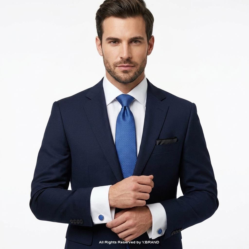 TS-1084d Blue Geometric Patterned Tie Gift Set – 3pc Premium Silk Necktie, Pocket Square & Cufflinks TS-1084 - Image 1