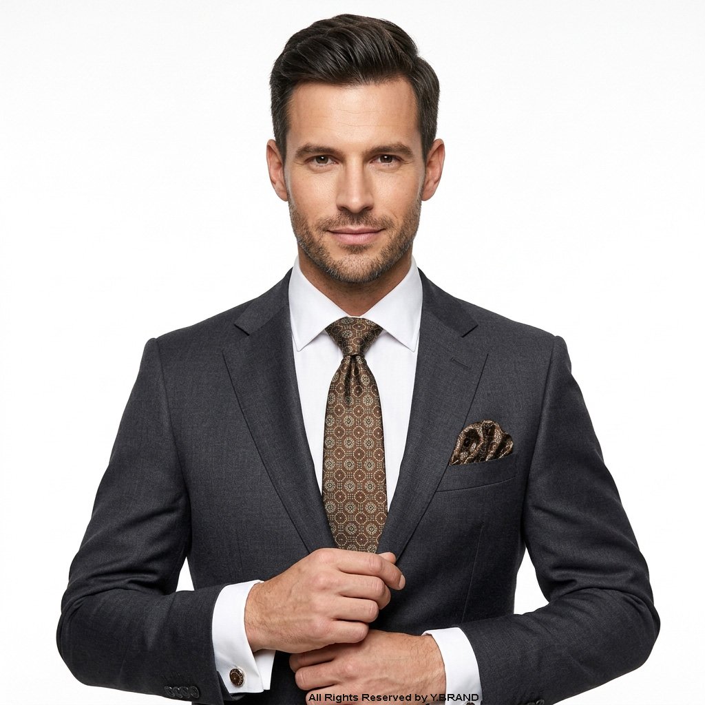 TS-1089d Reiss Dark Brown Alessio Silk Floral Patterned Tie Gift Set – 3pc Premium Silk Necktie, Pocket Square & Cufflinks TS-1089 - Image 1