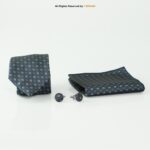 Grey Geometric tie Patterned Tie Gift Set – 3pc Premium Silk Necktie, Pocket Square & Cufflinks TS-1097 - Image 2