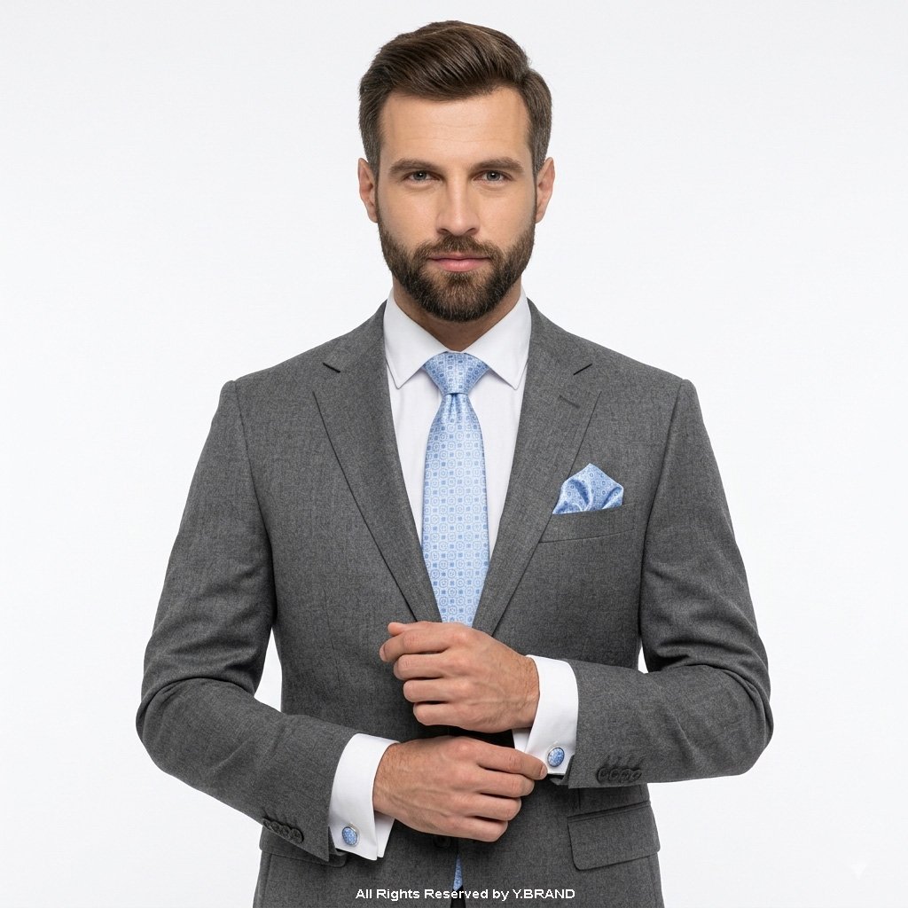 TS-1100c Light Blue Silk Patterned Tie Gift Set – 3pc Premium Silk Necktie, Pocket Square & Cufflinks TS-1100 - Image 1