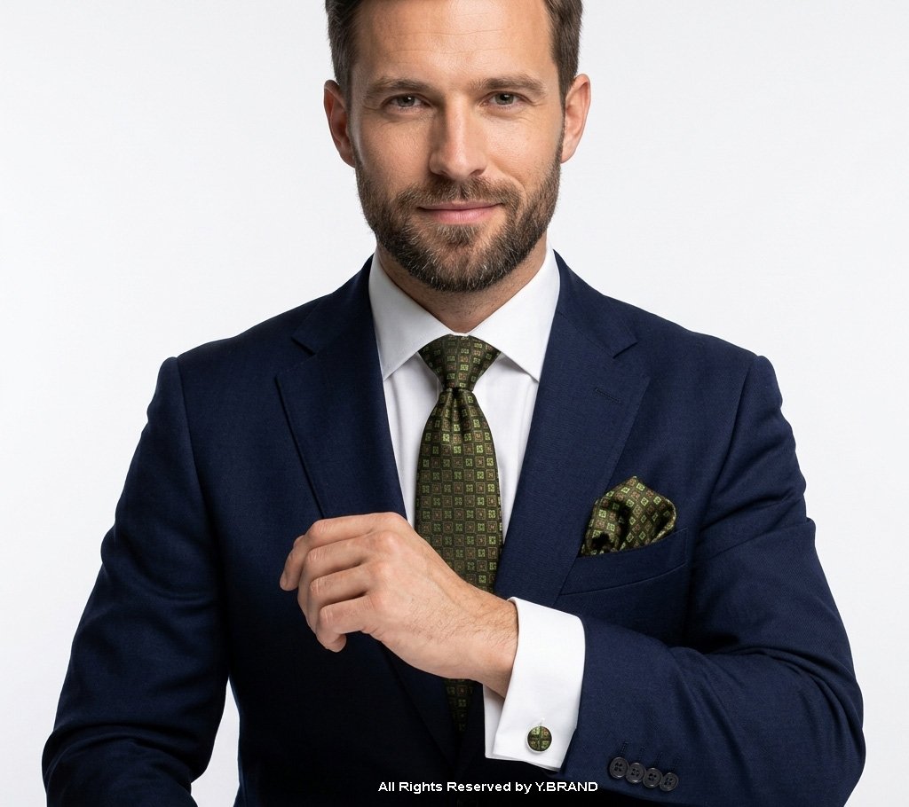 TS-1104c Green Handmade Silk Patterned Tie Gift Set – 3pc Premium Silk Necktie, Pocket Square & Cufflinks TS-1104 - Image 1