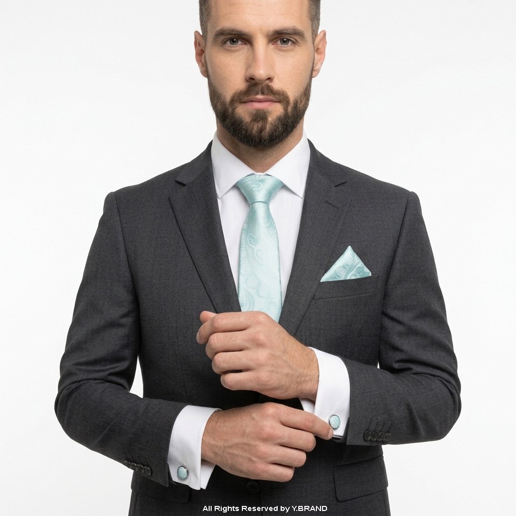 TS-1105c Light Blue Snd Silver Paisley Patterned Tie Gift Set – 3pc Premium Silk Necktie, Pocket Square & Cufflinks TS-1105 - Image 1