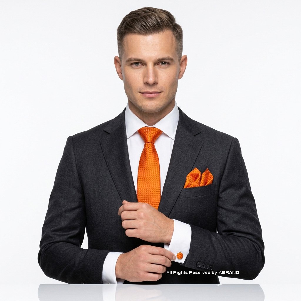 TS-1107c Orange Patterned Tie Gift Set – 3pc Premium Silk Necktie, Pocket Square & Cufflinks TS-1107 - Image 1