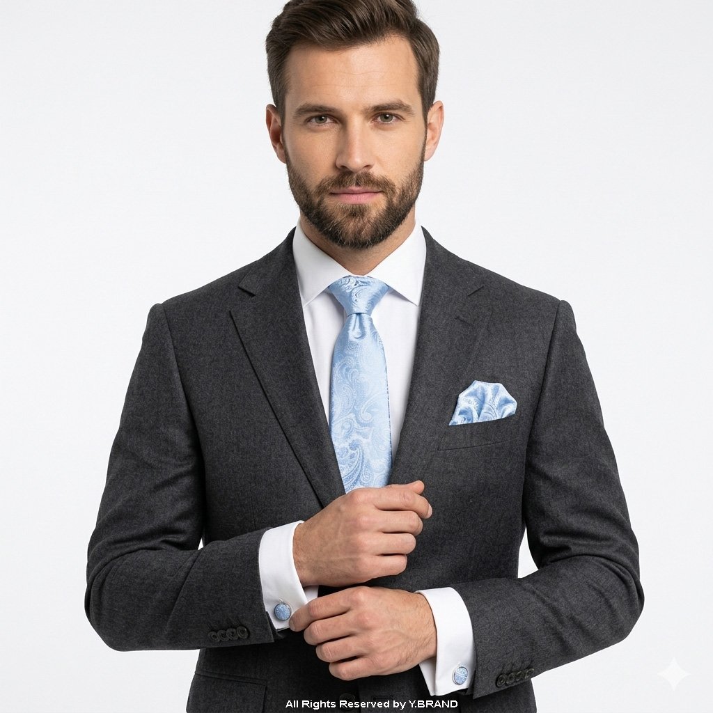 TS-1108c Light Blue Paisley Patterned Tie Gift Set – 3pc Premium Silk Necktie, Pocket Square & Cufflinks TS-1108 - Image 1