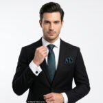 Dark Teal Blue And Black Paisley Patterned Tie Gift Set – 3pc Premium Silk Necktie, Pocket Square & Cufflinks TS-1109