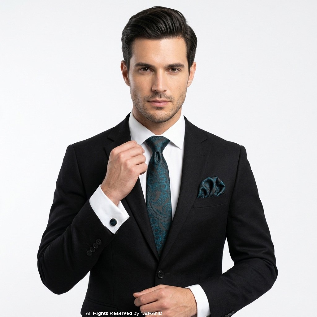 TS-1109c Dark Teal Blue And Black Paisley Patterned Tie Gift Set – 3pc Premium Silk Necktie, Pocket Square & Cufflinks TS-1109 - Image 1