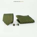 Dark Green Checkered Silk Necktie Patterned Tie Gift Set – 3pc Premium Silk Necktie, Pocket Square & Cufflinks TS-1112