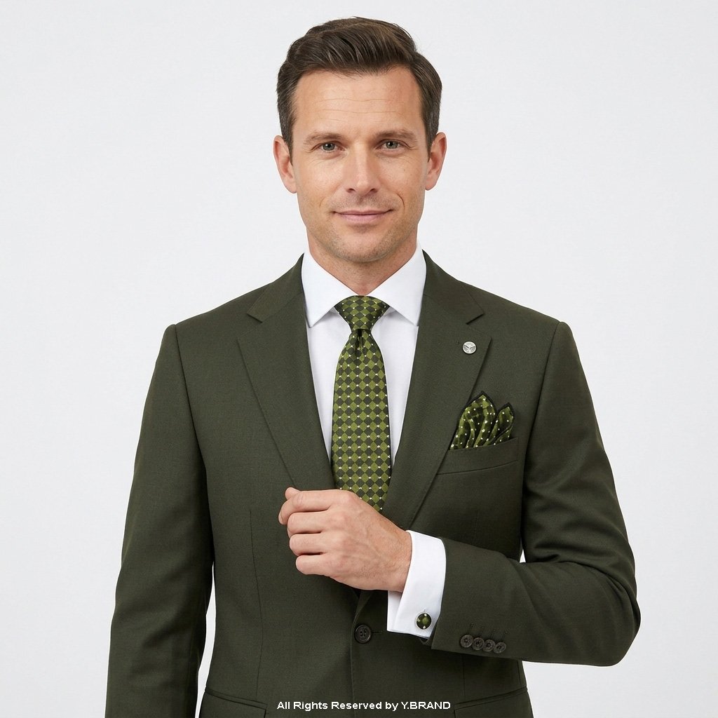 TS-1112c Dark Green Checkered Silk Necktie Patterned Tie Gift Set – 3pc Premium Silk Necktie, Pocket Square & Cufflinks TS-1112 - Image 1