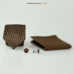 Brown Geometric Patterned Tie Gift Set – 3pc Premium Silk Necktie, Pocket Square & Cufflinks TS-1114