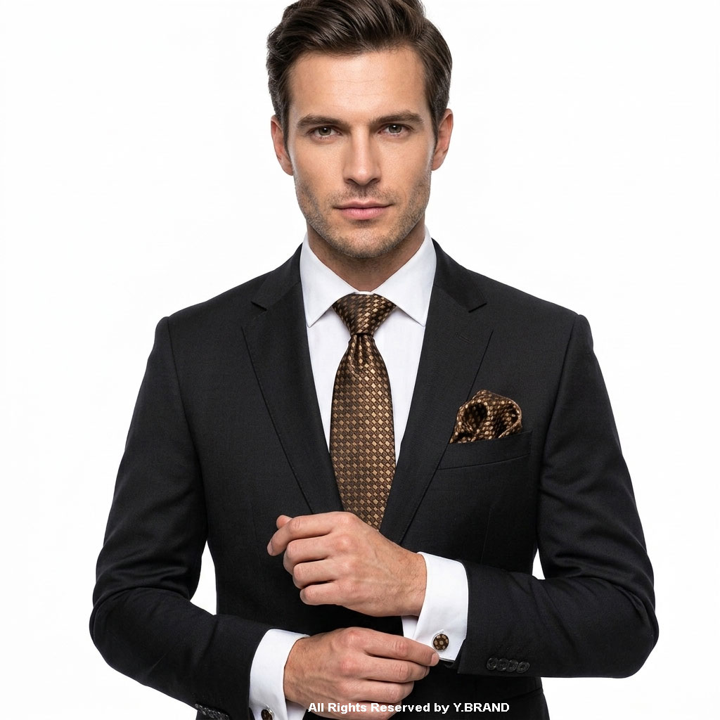 TS-1114c Brown Geometric Patterned Tie Gift Set – 3pc Premium Silk Necktie, Pocket Square & Cufflinks TS-1114 - Image 1