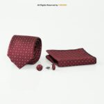 Pierroni Maroon Necktie Set Featuring a White Geometric Patterned Tie Gift Set – 3pc Premium Silk Necktie, Pocket Square & Cufflinks TS-1115