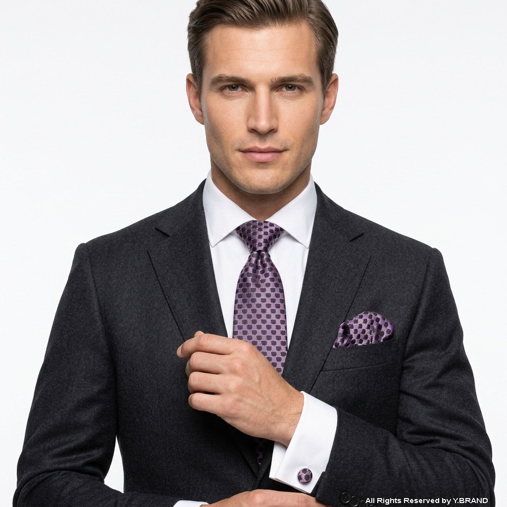 TS-1120c Purple Geometric Pattern Necktie Tie Gift Set – 3pc Premium Silk Necktie, Pocket Square & Cufflinks TS-1120 - Image 1