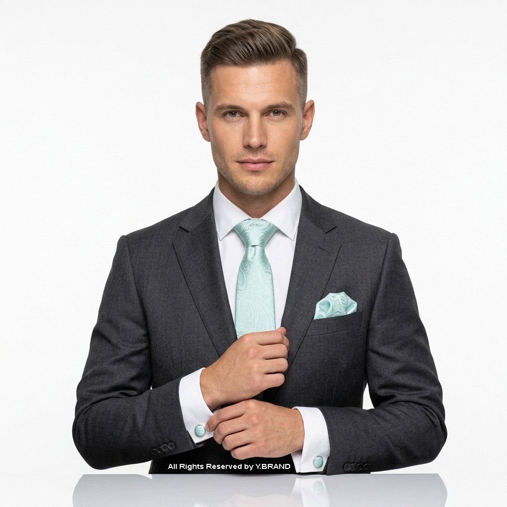TS-1124c Threaditionz Mint Green Paisley |Tie Gift Set – 3pc Premium Silk Necktie, Pocket Square & Cufflinks TS-1124 - Image 1