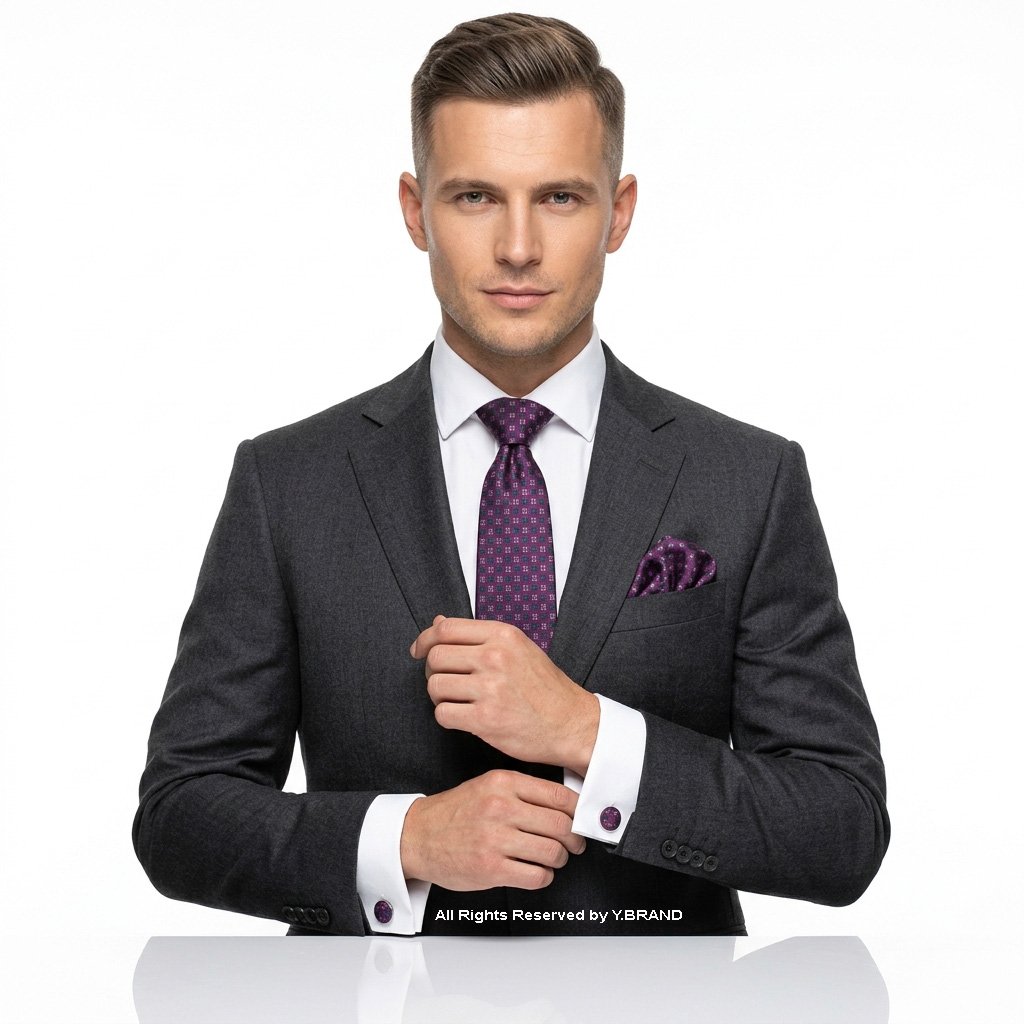 TS-1126c Purple Geometric Necktie |Tie Gift Set – 3pc Premium Silk Necktie, Pocket Square & Cufflinks TS-1126 - Image 1