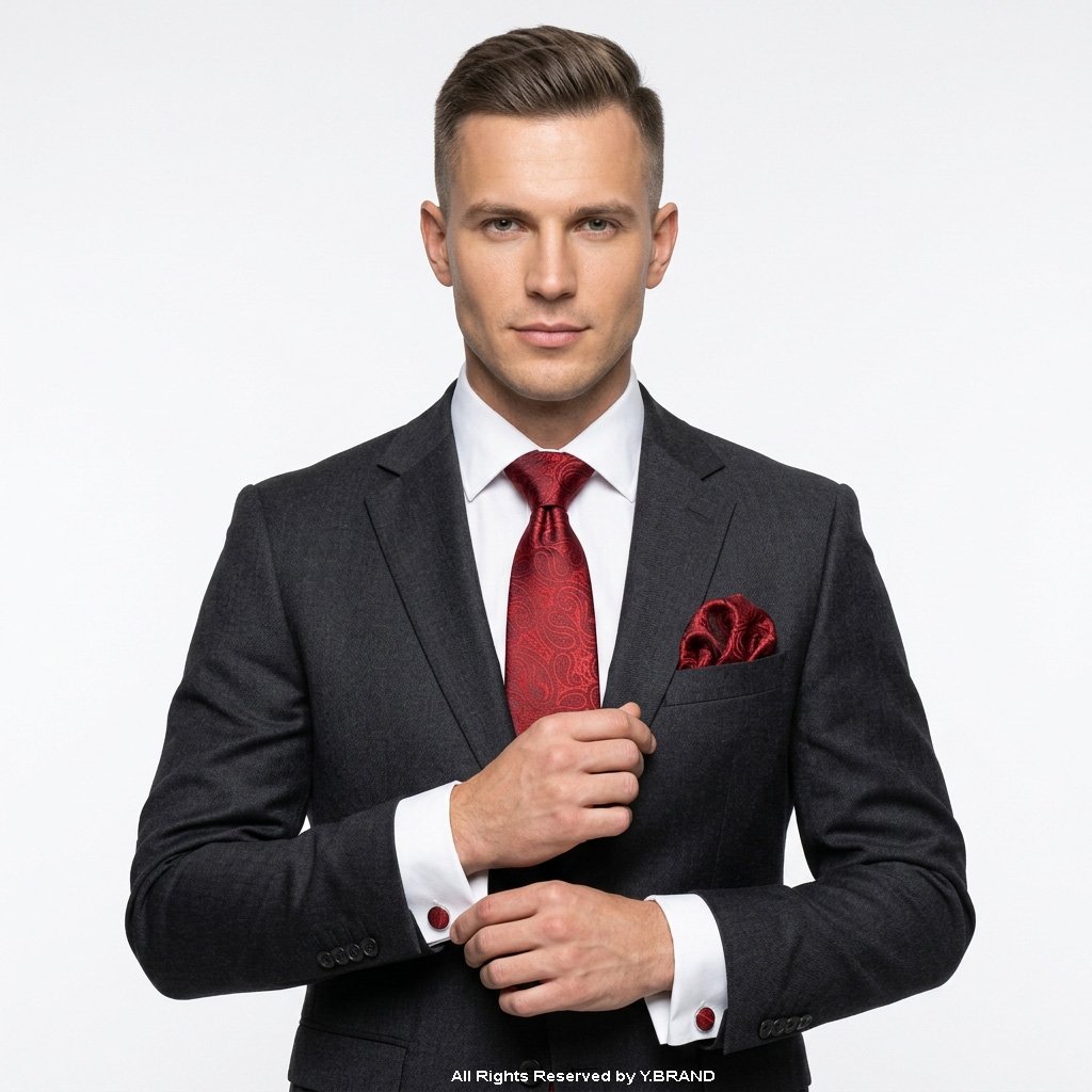 TS-1128c Red Paisley Men's Necktie |Tie Gift Set – 3pc Premium Silk Necktie, Pocket Square & Cufflinks TS-1128 - Image 1