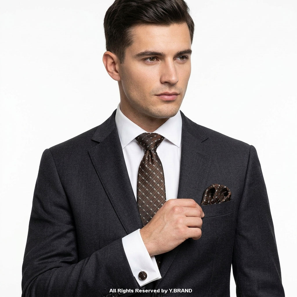 TS-1132c Brown And White Patterned |Tie Gift Set – 3pc Premium Silk Necktie, Pocket Square & Cufflinks TS-1132 - Image 1