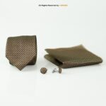Brown Checkered Silk Patterned |Tie Gift Set – 3pc Premium Silk Necktie, Pocket Square & Cufflinks TS-1137
