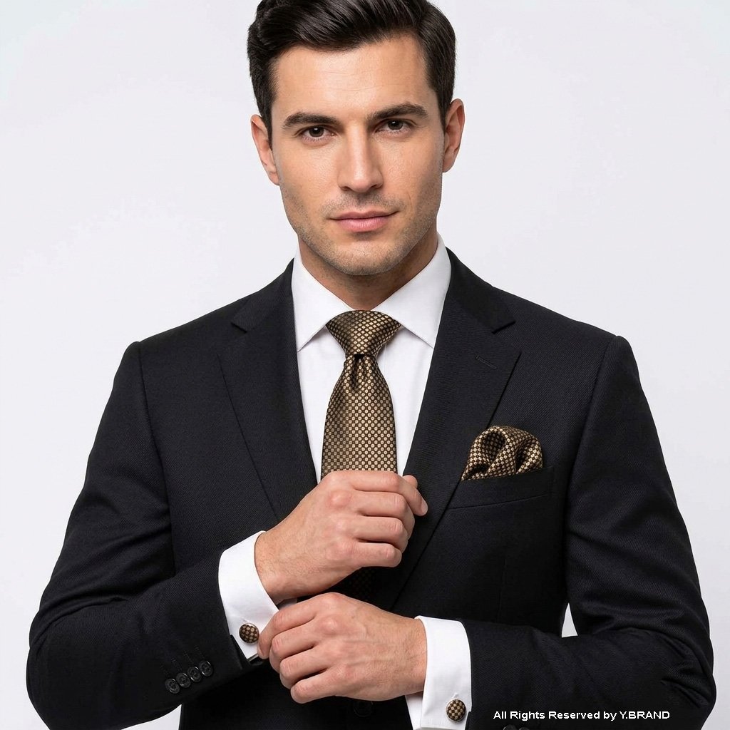TS-1137c Brown Checkered Silk Patterned |Tie Gift Set – 3pc Premium Silk Necktie, Pocket Square & Cufflinks TS-1137 - Image 1