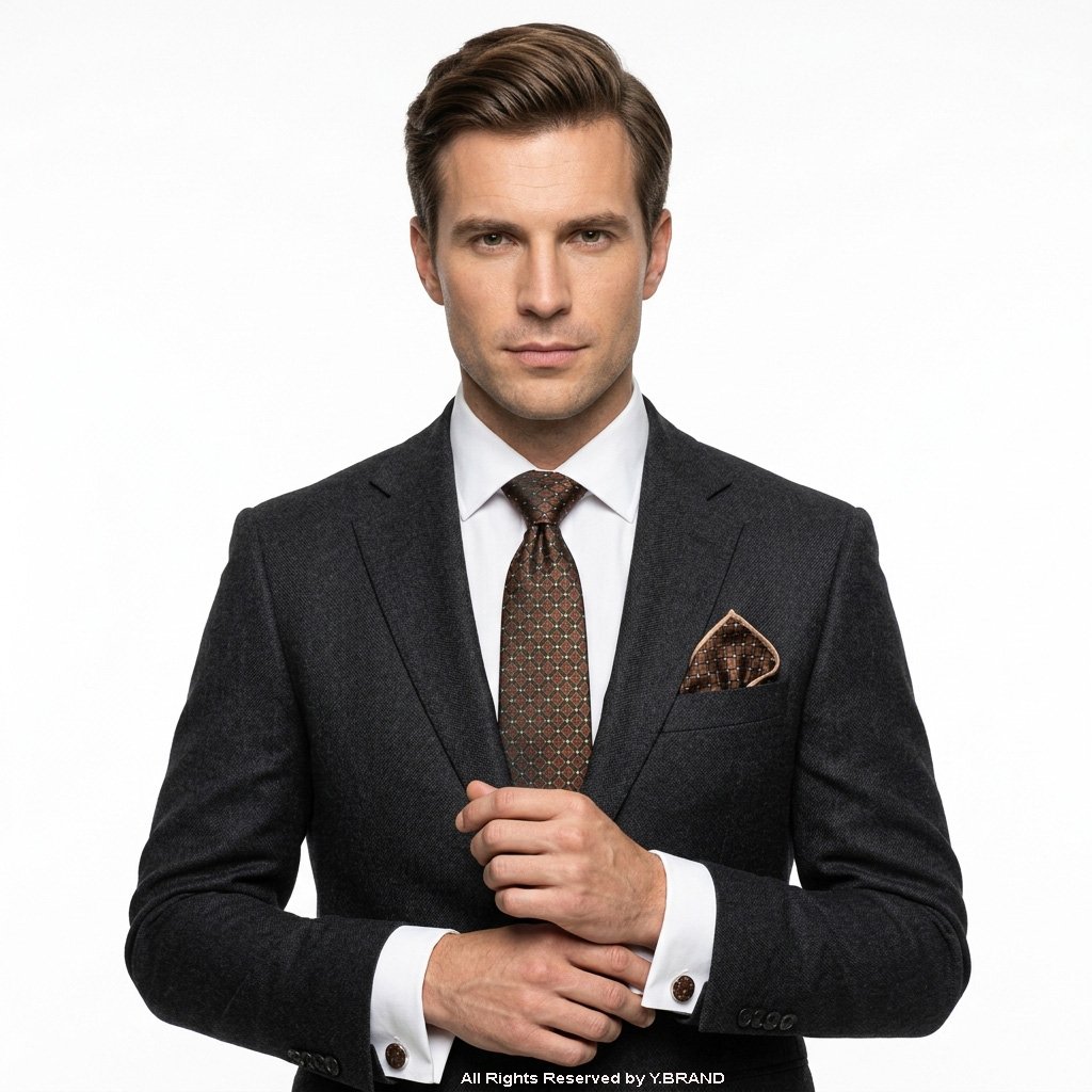 TS-1138c Brown Micro-Check Necktie |Tie Gift Set – 3pc Premium Silk Necktie, Pocket Square & Cufflinks TS-1138 - Image 1
