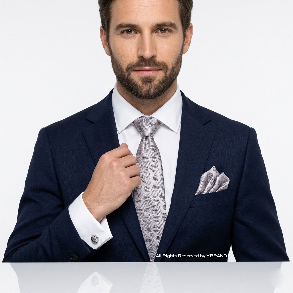 TS-1140c Gray And Pink Geometric Silk Necktie |Tie Gift Set – 3pc Premium Silk Necktie, Pocket Square & Cufflinks TS-1140 - Image 1