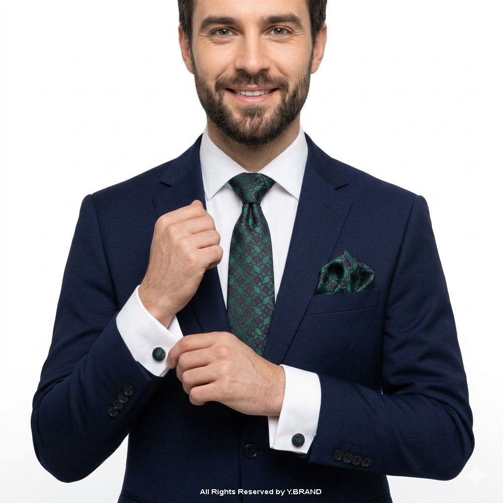 TS-1141c Green And Purple Geometric Pattern |Tie Gift Set – 3pc Premium Silk Necktie, Pocket Square & Cufflinks TS-1141 - Image 1