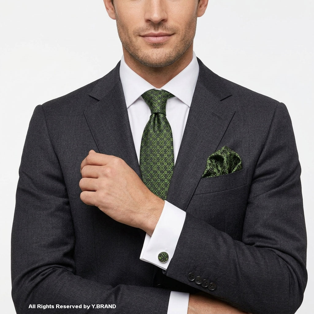 TS-1146c Bright Green Tresanti Men's Silk Pattern |Tie Gift Set – 3pc Premium Silk Necktie, Pocket Square & Cufflinks TS-1146 - Image 1