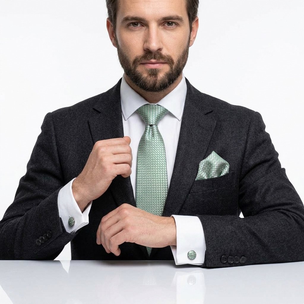 TS-1148c Green Checkered Silk Pattern |Tie Gift Set – 3pc Premium Silk Necktie, Pocket Square & Cufflinks TS-1148 - Image 1