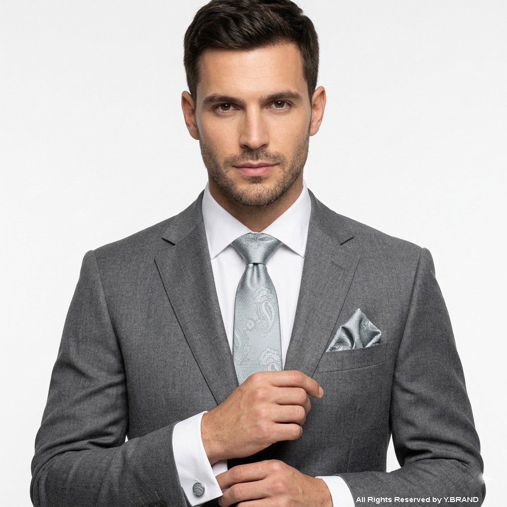 TS-1153c Light Grey Paisley |Tie Gift Set – 3pc Premium Silk Necktie, Pocket Square & Cufflinks TS-1153 - Image 1